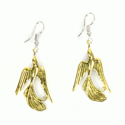A picture of two golden songbird earrings.