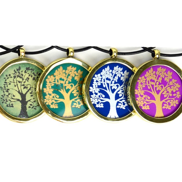 A picture of four different necklaces with different colored trees in them.