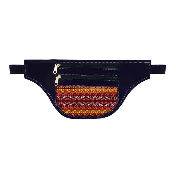 navy blue flat suede fanny pack with chumbi design accent