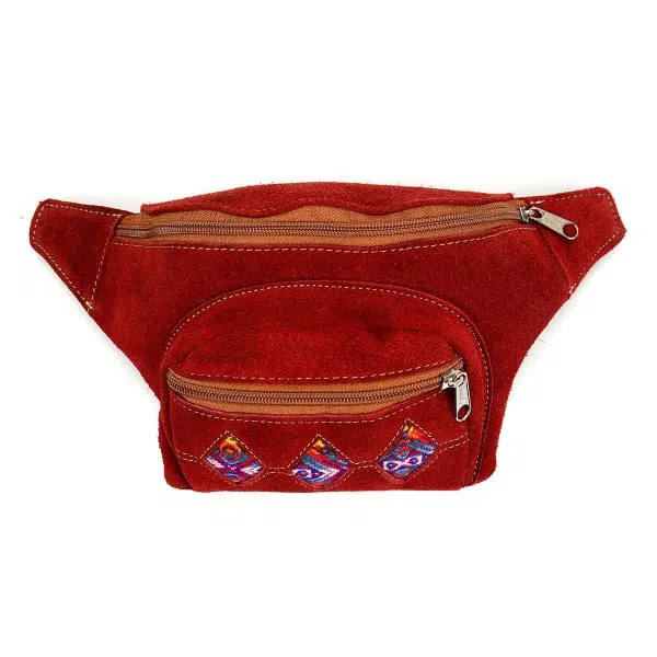 Red suede leather fanny pack with 3 compartments and windowed chumbi textile