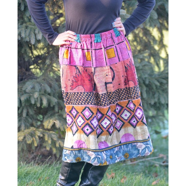 A skirt that can be reversed, made out of kantha and has a stretch band waist
