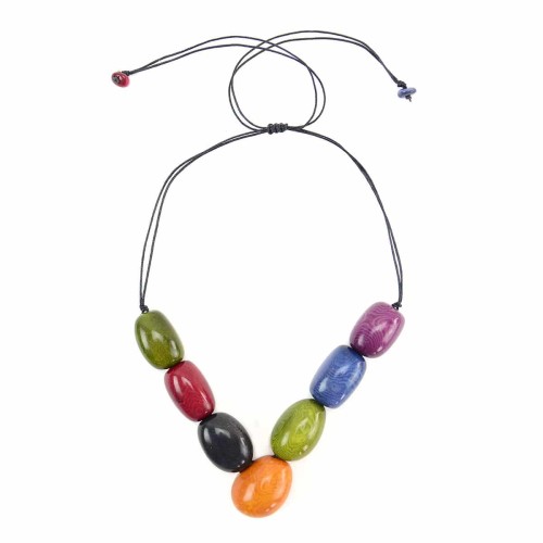 A picture of the siete tagua necklace, comes in a verity of colors. The color in this picture is multi.