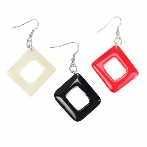 A picture of all three camille earrings, those colors are, white, black, and red.