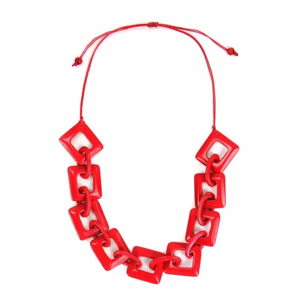 A close up picture of the camille necklace in red.