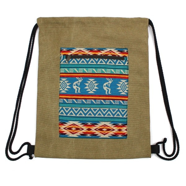 Light brown canvas tribal drawstring bag