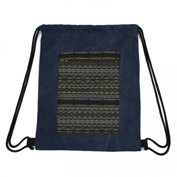 Navy blue canvas tribal drawstring bag