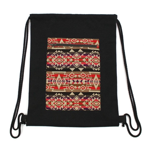 Black canvas tribal drawstring bag