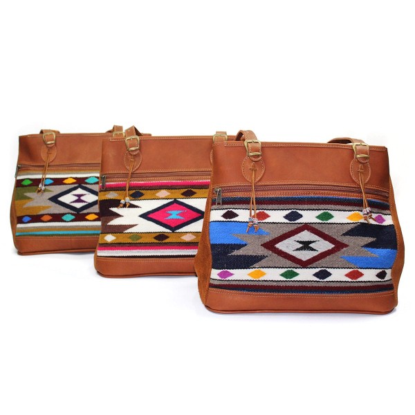 Tan leather Victoria bags with Center Burst geometric pattern on front panel