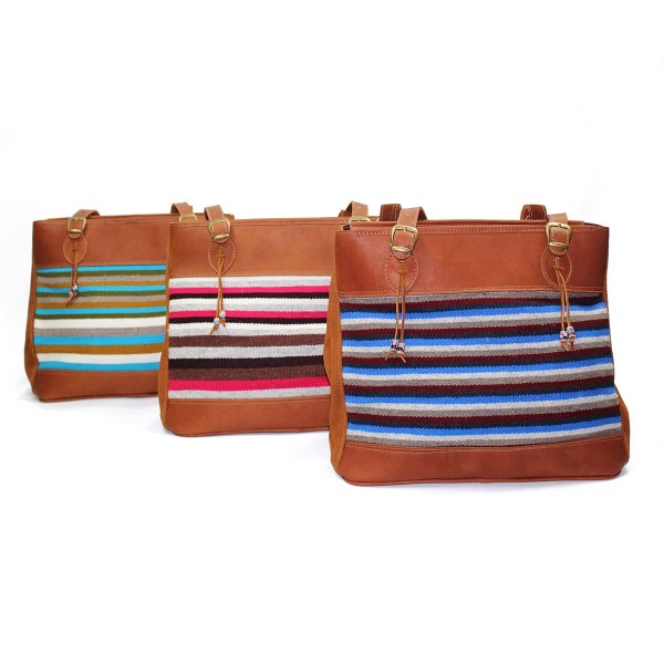 Tan leather Victoria bags with striped pattern back panel
