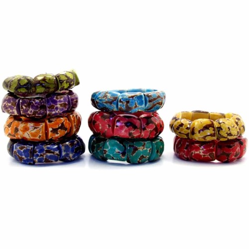 A bracelet made from chunky square and comes in a bundle of 5, the colors include are, purple, red, red, teal, and teal.