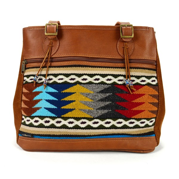 Tan leather Victoria bag with triangle pattern in front panel