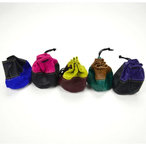 leather drawstring coin purses in variety of bold colors