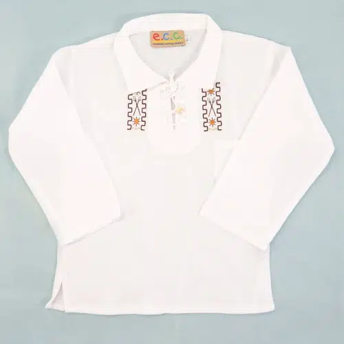 A white cotton lace up, with a bunch of south american motifs on the sides