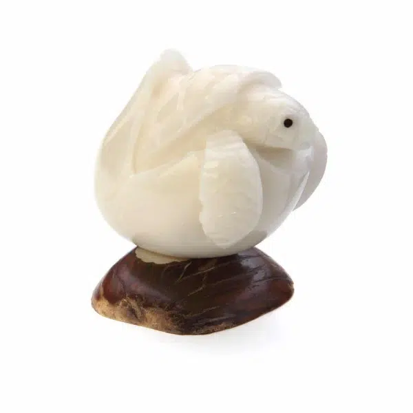 A turtle coming out of its shell, hand carved and made from tagua seeds