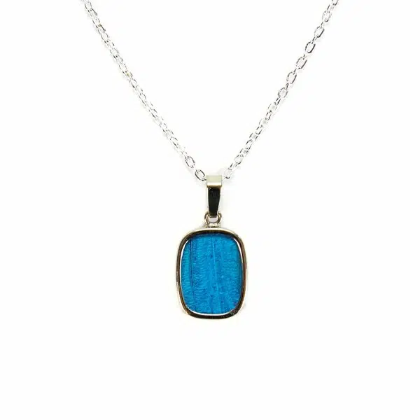 A picture of a blue butterfly necklace.