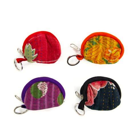 four different cotton purse keychain, there colors are red, yellow, purple, black