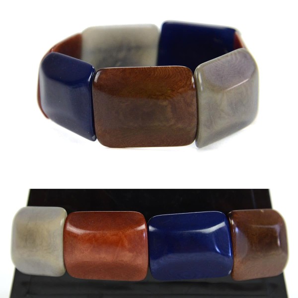 Square tagua pieces put together to create a bracelet, coming in a verity of colors, this color is brown, blue, light brown, and grey.