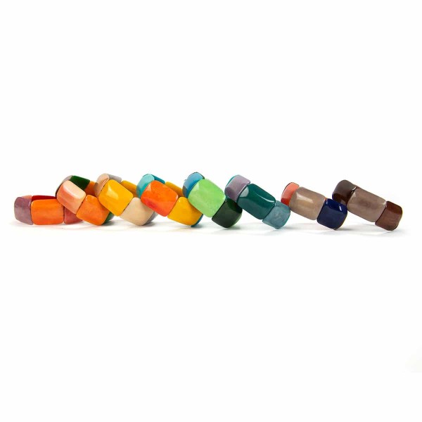 All the different styles that the emilia bracelet can come in, those colors are, red, orange, yellow, green, turquoise, grey, and brown.