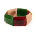Square tagua pieces put together to create a bracelet, coming in a verity of colors, this color is green, red, yellow, and white.