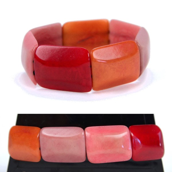Square tagua pieces put together to create a bracelet, coming in a verity of colors, this color is red, orange, pink, light pink
