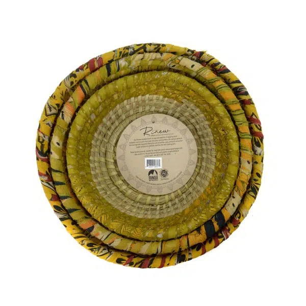 A top down picture of the yellow sari palm leaf baskets