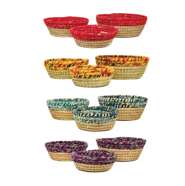 A picture of all the colors that the sari palm leaf basket, they come in, red, yellow and red, blue and white, and purple and white.