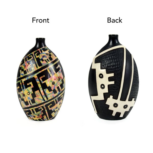 A picture of the clay vase and what it looks like on the front and back, both sides have some designs on it, the front is colored in and the back is black and white.