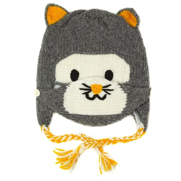 Hat that looks and is shaped like a cat, this hat is colored grey