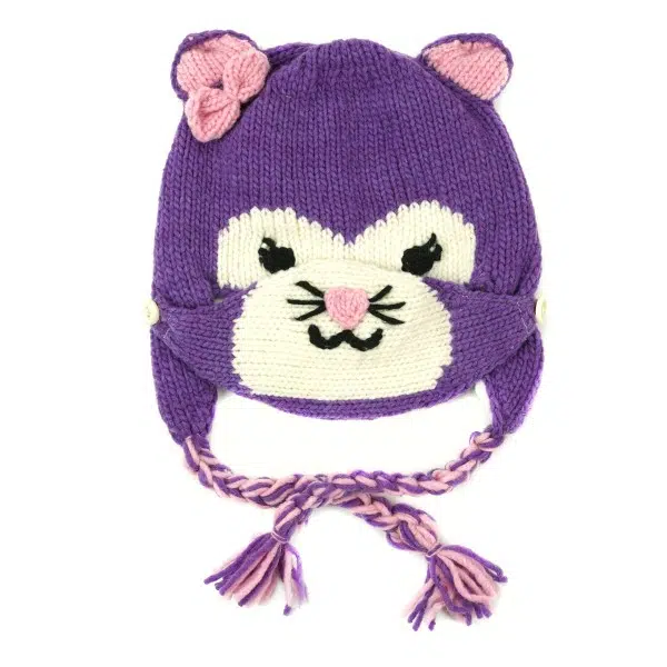 Hat that looks and is shaped like a cat, that is colored purple