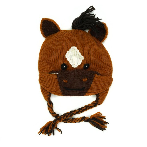 Hat that looks and is shaped like a horse, this hat is colored brown