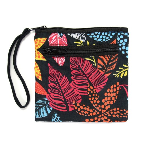 Black square pouch with double sipper in a colorful plant leafs pattern