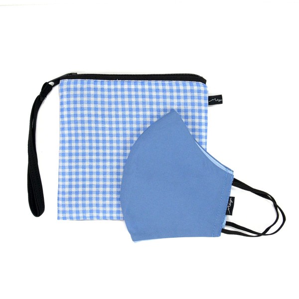 White and blue checkered pattern square pouch , accompany by a blue face mask