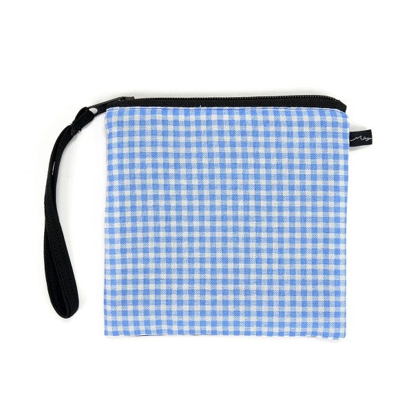 White and blue checkered pattern square pouch with single zipper