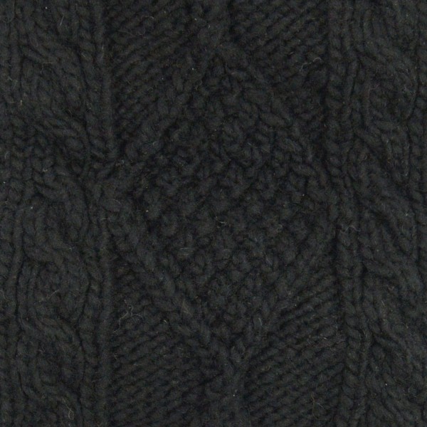 close up of the hand knit wool hat material, the color of this material is black