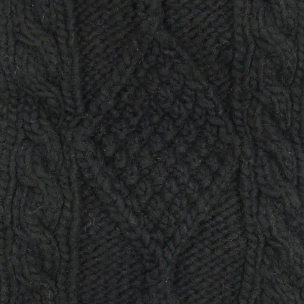 close up of the hand knit wool hat material, the color of this material is black