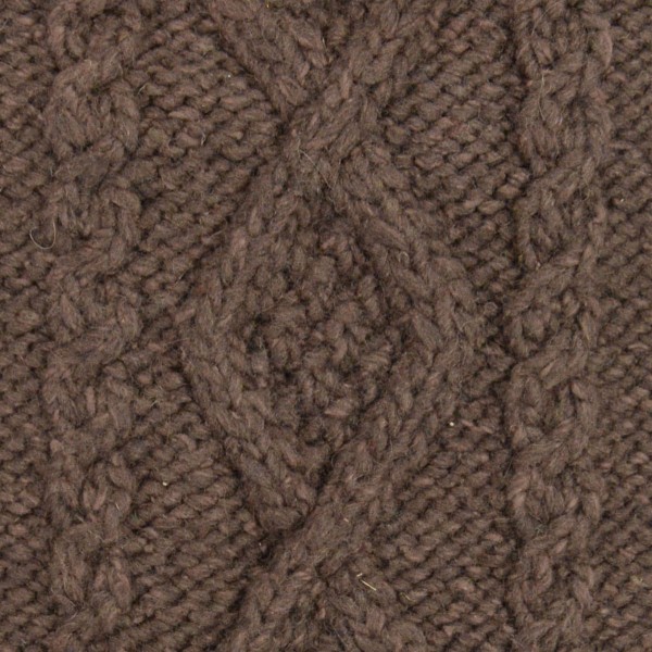 close up of the hand knit wool hat material, the color of this material is brown