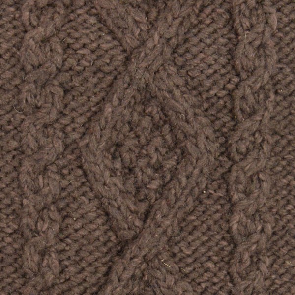 close up of the hand knit wool hat material, the color of this material is brown