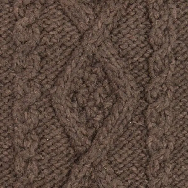 close up of the hand knit wool hat material, the color of this material is brown
