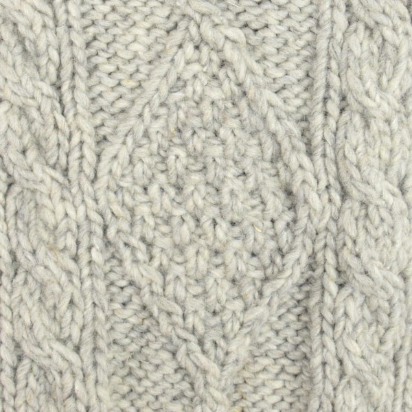 close up of the hand knit wool hat material, the color of this material is light grey