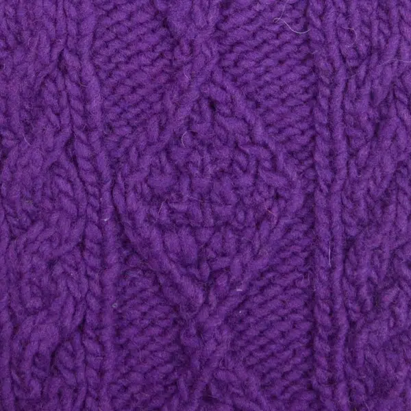 close up of the hand knit wool hat material, the color of this material is purple