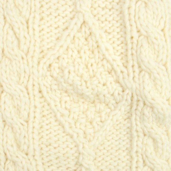 close up of the hand knit wool hat material, the color of this material is white