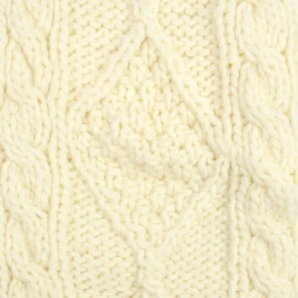 close up of the hand knit wool hat material, the color of this material is white