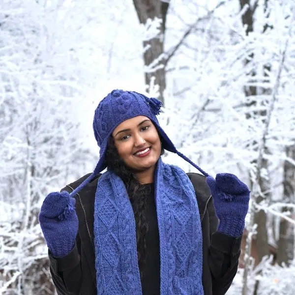 young women wearing the blue hand knit wool hat