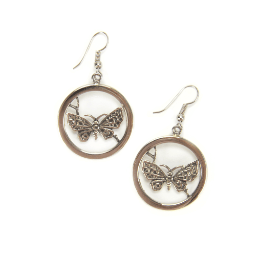 A picture of two butterfly in an earrings, made from alpaca silver.