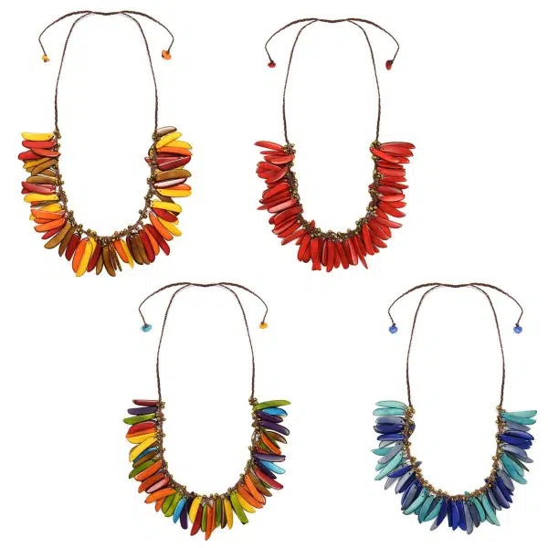A picture of four different feather necklace, the colors in this picture are, fall, red, multi, and blue.