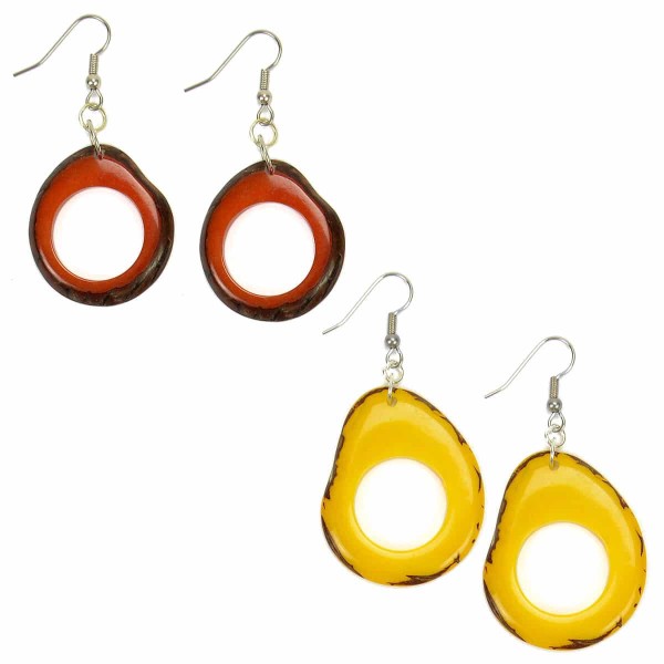 A close up picture of two sets of the cadena earrings, yellow, and red.