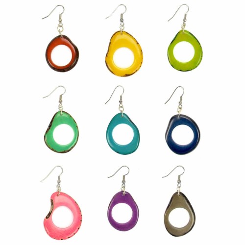 A picture of all the different candena earrings, those colors are, red, yellow, green, turquoise, light blue, blue, pink, purple, and grey.