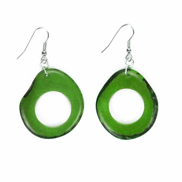 A green circle earring called the cadena earring, hand carved form tagua.