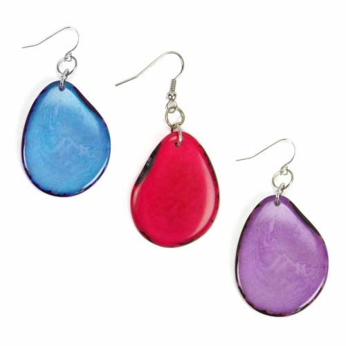 A picture of three different colored waterfall earrings, the three colors in this picture are, blue, magenta, and purple.