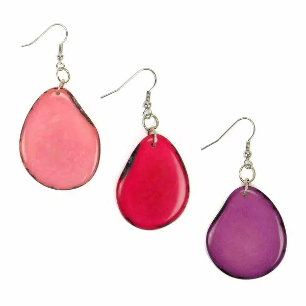 A picture of three different colored waterfall earrings, the colors in this picture are pink, magenta, and purple